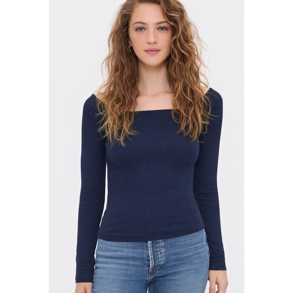 Favorite Daughter Sara Top Navy Ribbed Square Neck Long Sleeve XS 45FJRBOS3555‎